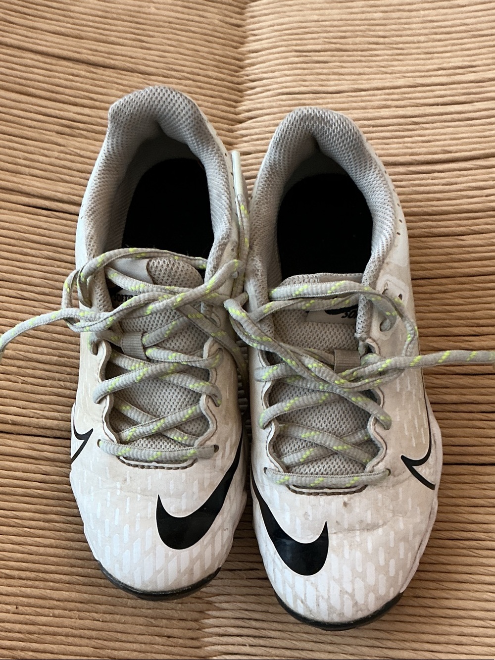 Nike Kids White and Black Athletic KLEATS with Neon-Accented Laces